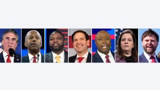 This combination photo shows the shortlist of vice presidential contenders former President Donald Trump has selected as he prepares to announce his pick in the days before, or perhaps at, next month's Republican National Convention. Pictured from left are North Dakota Gov. Doug Burgum, Ben Carson, former U.S. Secretary of Housing and Urban Development, Rep. Byron Donalds, R-Fla., Sen. Marco Rubio, R-Fla., Sen. Tim Scott, R-S.C., Rep. Elise Stefanik, R-N.Y., and Sen. J.D. Vance, R-Ohio.
